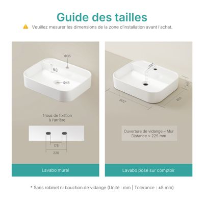 EMKE Vasque à Poser en céramique 50x40x11cm, Lavabo rectangulaire avec robinet trou prépercé, Lavabo à poser blanc brillant