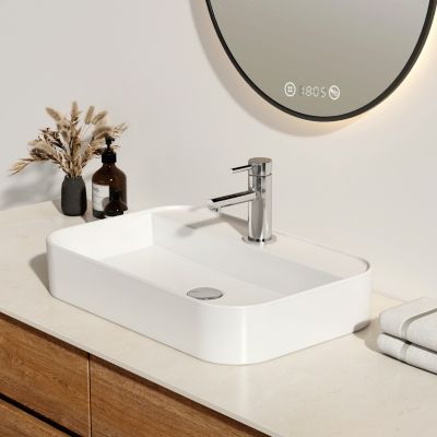 EMKE Vasque à Poser en céramique 60x40x11cm, Lavabo rectangulaire avec robinet trou prépercé, Lavabo à poser blanc brillant