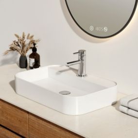 EMKE Vasque à Poser en céramique 60x40x11cm, Lavabo rectangulaire avec robinet trou prépercé, Lavabo à poser blanc brillant