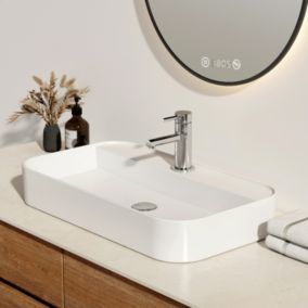 EMKE Vasque à Poser en céramique 70x40x11cm, Lavabo rectangulaire avec robinet trou prépercé, Lavabo à poser blanc brillant