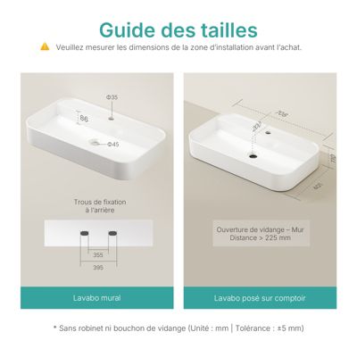 EMKE Vasque à Poser en céramique 70x40x11cm, Lavabo rectangulaire avec robinet trou prépercé, Lavabo à poser blanc brillant