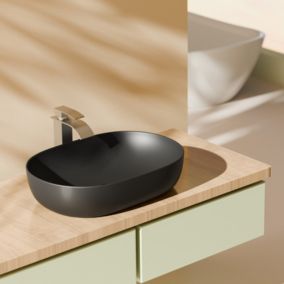 EMKE Vasque à Poser Rectangulaire Arrondie 600 x 415 x 135 mm, Lavabo en Céramique de Salle de Bain, Noir Mat