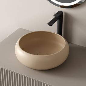 EMKE Vasque à Poser Ronde Incurvée 360 x 360 x 120mm, Lavabo de Salle de Bain en Céramique, Montage sur Comptoir, Beige mat
