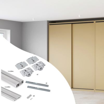 Emuca Kit de 2 portes coulissantes et Flow de ferrures pour armoires à fermeture souple avec rails de surface 2,35m, panneaux non