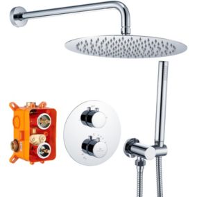 Encastré Colonne de Douche Thermostatique Système de Douche Rond Grande Douche de Tête Set de Douche Encastrée en Laiton Chromé