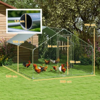 Enclos poulailler chenil 10,2 m² - parc grillagé dim. 3L x 3,4l x 1,9H m - espace couvert - acier galvanisé