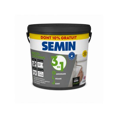 Enduit de garnissage, lissage et joint 3 en 1 prêt à l'emploi blanc 20 kg dont 10% gratuit Semin