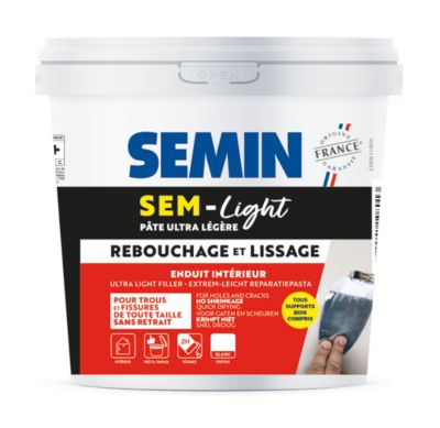 Enduit de Rebouchage Allégé pour Trous et Fissures Importants, Sem-Light Semin, Intérieur, Seau de 5 L