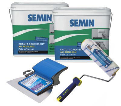 Enduit Garnissant pour la Rénovation Semin, Seau de 10 kg (Lot 2), Rouleau pour Enduire, 23 cm, Lame pour Lisser, 15 cm