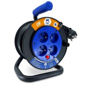 Enrouleur 15M 3G1.5 IP20 avec 4 Prises à Clapet, Robuste et Idéal pour Usage Intensif en Intérieur