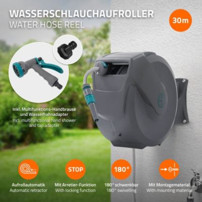 Enrouleur de tuyau d'arrosage mural ECD Germany 30m + 2m pivotant à 180 degrés automatique 9 fonctions