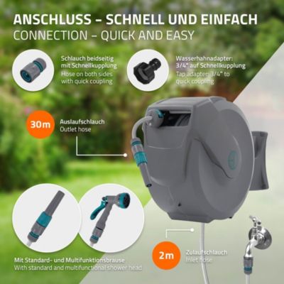 Enrouleur de tuyau d'arrosage mural ECD Germany 30m + 2m pivotant à 180 degrés automatique 9 fonctions