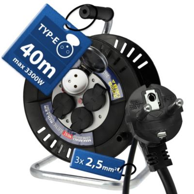 Enrouleur électrique 40 m, 4 prises, type E, 3x2,5 mm², IP44 - rallonge pour jardin et atelier HOROZ