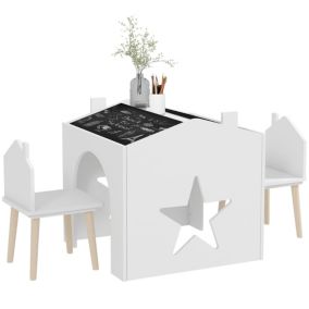 Ensemble 1 table et 2 chaises enfants avec plateau de tableau noir, pieds en pin, pour 3-8 ans, blanc