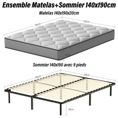Ensemble 140x190cm Matelas à ressorts +Sommier à Lattes sur Pieds, Epaisseur du Matelas 20cm