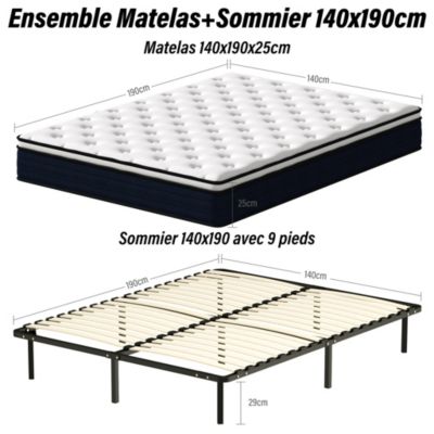 Ensemble 140x190cm Matelas à ressorts +Sommier à Lattes sur Pieds, Epaisseur du Matelas 25cm