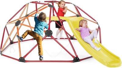 Ensemble 2 en 1 de Dôme d'escalade et Toboggan, avec Charge 150KG, Aire de Jeux Extérieure et Intérieure (Rouge+Jaune)