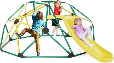 Ensemble 2 en 1 de Dôme d'escalade et Toboggan, avec Charge 150KG, Aire de Jeux Extérieure et Intérieure (Vert+Jaune)