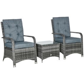 Ensemble 2 fauteuils de jardin table basse plateau verre trempé résine tressée coussins inclus gris