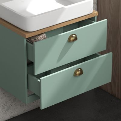 Ensemble 2 meubles salle de bain - meuble sous-vasque suspendu, armoire murale miroir - aspect bois clair vert