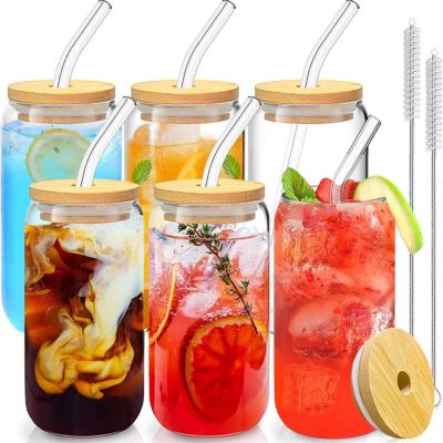 Ensemble 4 Gobelets Verre avec Paille et Couvercle Bambou