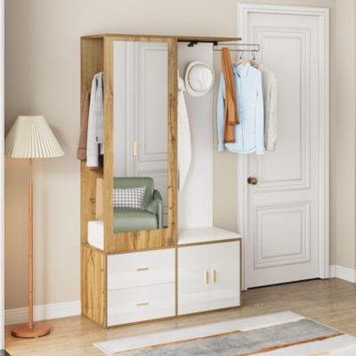 Ensemble armoire blanc et bois, miroir, meuble à chaussures, banc avec porte-manteaux