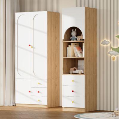 Ensemble armoire + étagère - armoire 2 portes + étagère - grand rangement - poignées céramique - blanc + naturel
