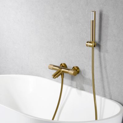 Mice Dusch Säule Mit Thermostat Line – Gebürstetes Gold, Ausziehbar Bis 132 Cm, Mit 20 Cm Brausekopf
