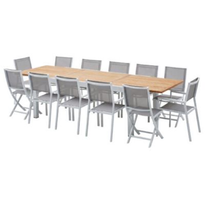 Ensemble BALITECK 10/12p en alu blanc, plateau en Teck avec 8 fauteuils et 4 chaises pliantes en alu