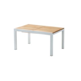 Ensemble BALITECK 6/10p en alu blanc, plateau en Teck avec 6 fauteuils et 4 chaises pliantes en alu