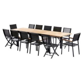 Ensemble BALITECK 8/12p en alu noir, plateau en Teck avec 8 fauteuils et 4 chaises pliantes en alu