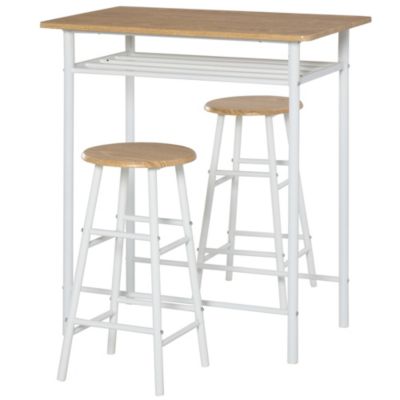 Ensemble bar 3 pièces 80x50x90cm MDF et acier blanc chêne, table haute avec rangement + 2 tabourets
