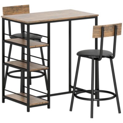 Ensemble bar 3 pièces moderne acier chêne, table haute avec 3 étagères + 2 tabourets pour cuisine et salle à manger