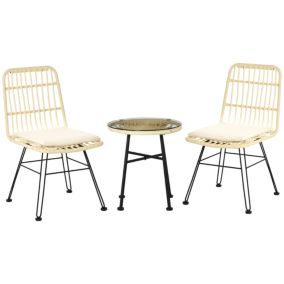 Ensemble bistro de jardin 2 places 3 pièces style exotique 2 chaises + table basse ronde métal époxy noir résine tressée beige