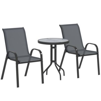Ensemble bistro de jardin 3 pièces - 2 chaises, table ronde plateau verre - acier textilène anthracite