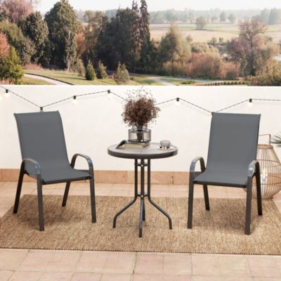 Ensemble bistro de jardin 3 pièces - 2 chaises, table ronde plateau verre - acier textilène anthracite