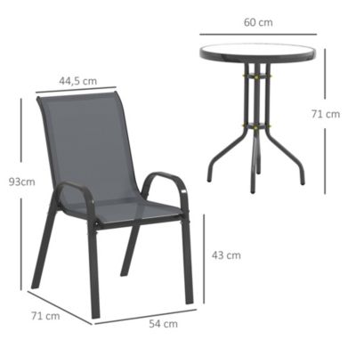 Ensemble bistro de jardin 3 pièces - 2 chaises, table ronde plateau verre - acier textilène anthracite