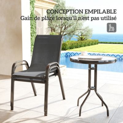 Ensemble bistro de jardin 3 pièces - 2 chaises, table ronde plateau verre - acier textilène anthracite