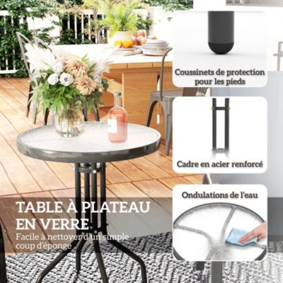 Ensemble bistro de jardin 3 pièces - 2 chaises, table ronde plateau verre - acier textilène anthracite