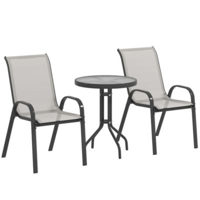 Ensemble bistro de jardin 3 pièces - 2 chaises, table ronde plateau verre - acier textilène gris clair