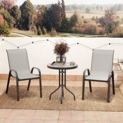 Ensemble bistro de jardin 3 pièces - 2 chaises, table ronde plateau verre - acier textilène gris clair