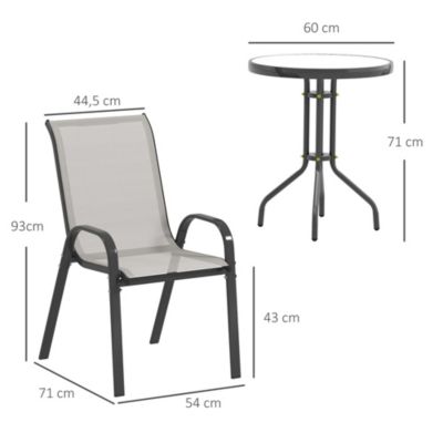 Ensemble bistro de jardin 3 pièces - 2 chaises, table ronde plateau verre - acier textilène gris clair