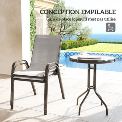 Ensemble bistro de jardin 3 pièces - 2 chaises, table ronde plateau verre - acier textilène gris clair