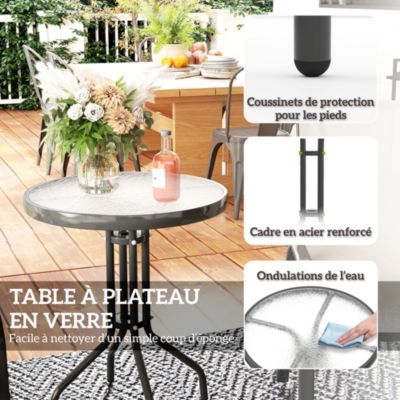 Ensemble bistro de jardin 3 pièces - 2 chaises, table ronde plateau verre - acier textilène gris clair