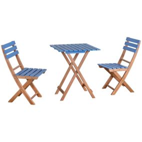 Ensemble bistro de jardin 3 pièces pliantes style colonial 2 chaises + table bois pin pré-huilé peint bleu