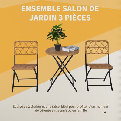 Ensemble bistro de jardin 3 pièces pliantes style cosy 2 chaises + table résine tressée beige acier époxy noir