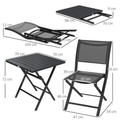 Ensemble bistro de jardin pliable - 2 chaises, table plateau lattes - alu teslin anthracite