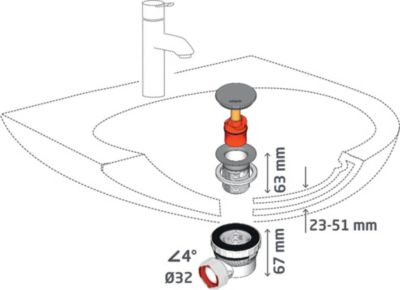 Ensemble bonde et siphon de lavabo Wirquin Nano 6.7 Sortie Ø32 mm - 1/4 de tour
