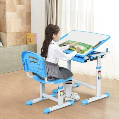 Ensemble Bureau et Chaise pour Enfant avec Hauteur Reglable et Table Inclinable avec Tiroir et Crochet sur Cote bleu