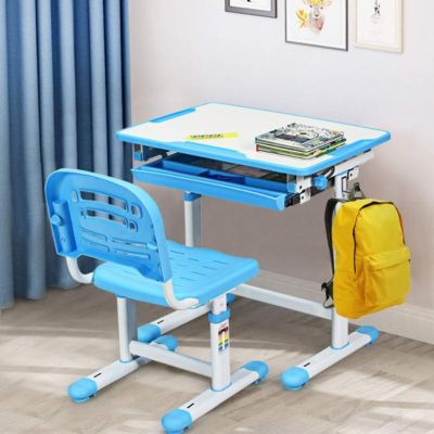 Ensemble Bureau et Chaise pour Enfant avec Hauteur Reglable et Table Inclinable avec Tiroir et Crochet sur Cote bleu